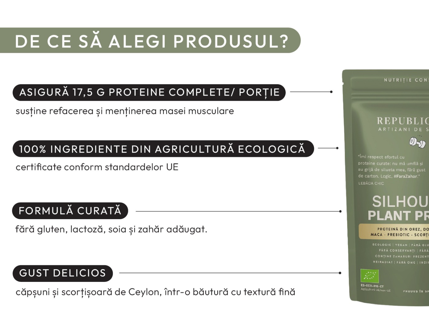 Silhouette Plant Protein: pudră proteică vegetală ecologică, formulă special creată pentru femei, 17,5 g proteine complete per porție, susține recuperarea după efort, aromă naturală de căpșuni